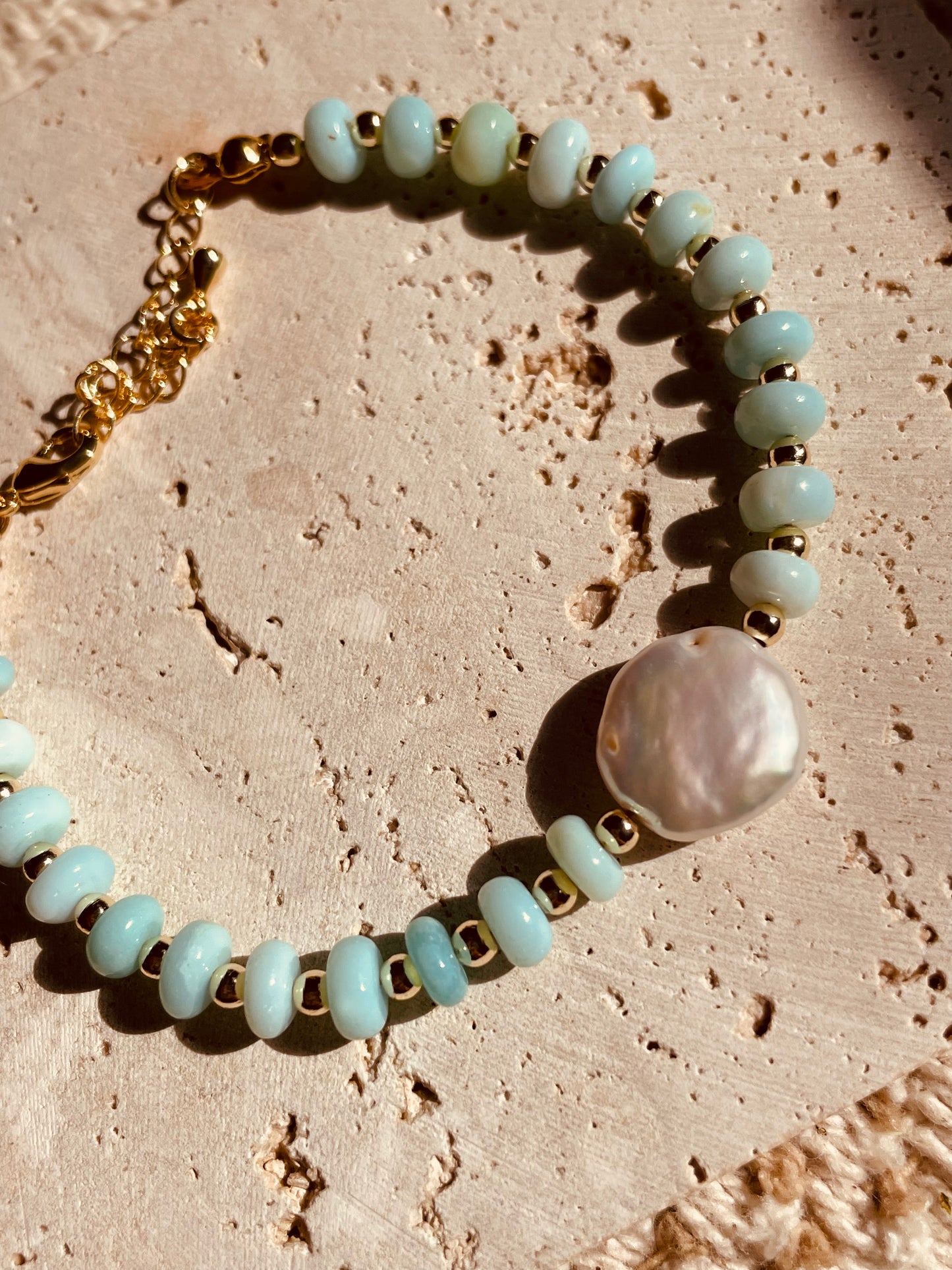 Blue opal rondelle bracelet with pearl